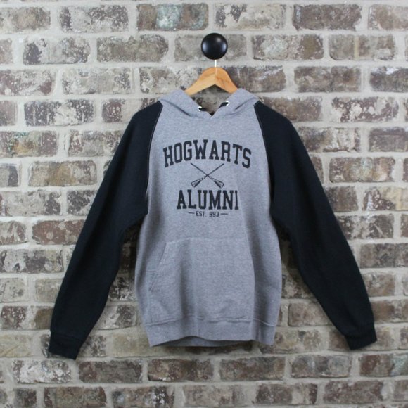 Harry Potter Hogwarts Alumni Black & Heather Gray Long Sleeve Hoodie Adult S - Picture 1 of 5